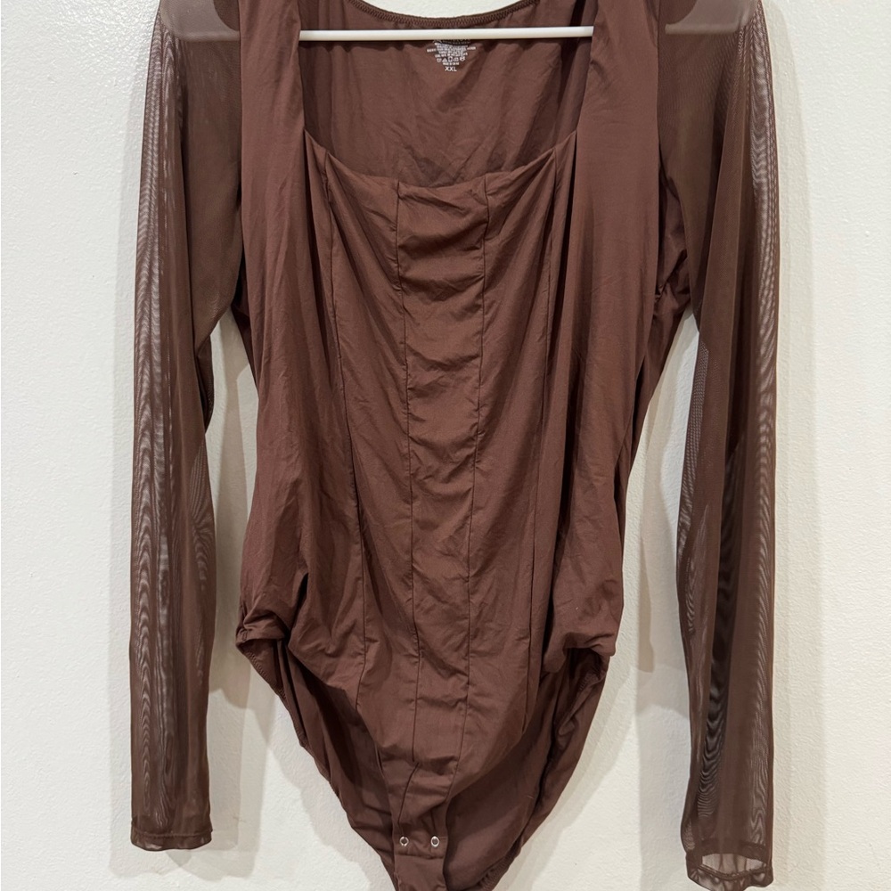 Ruched Brown Long Sleeve Bodysuit